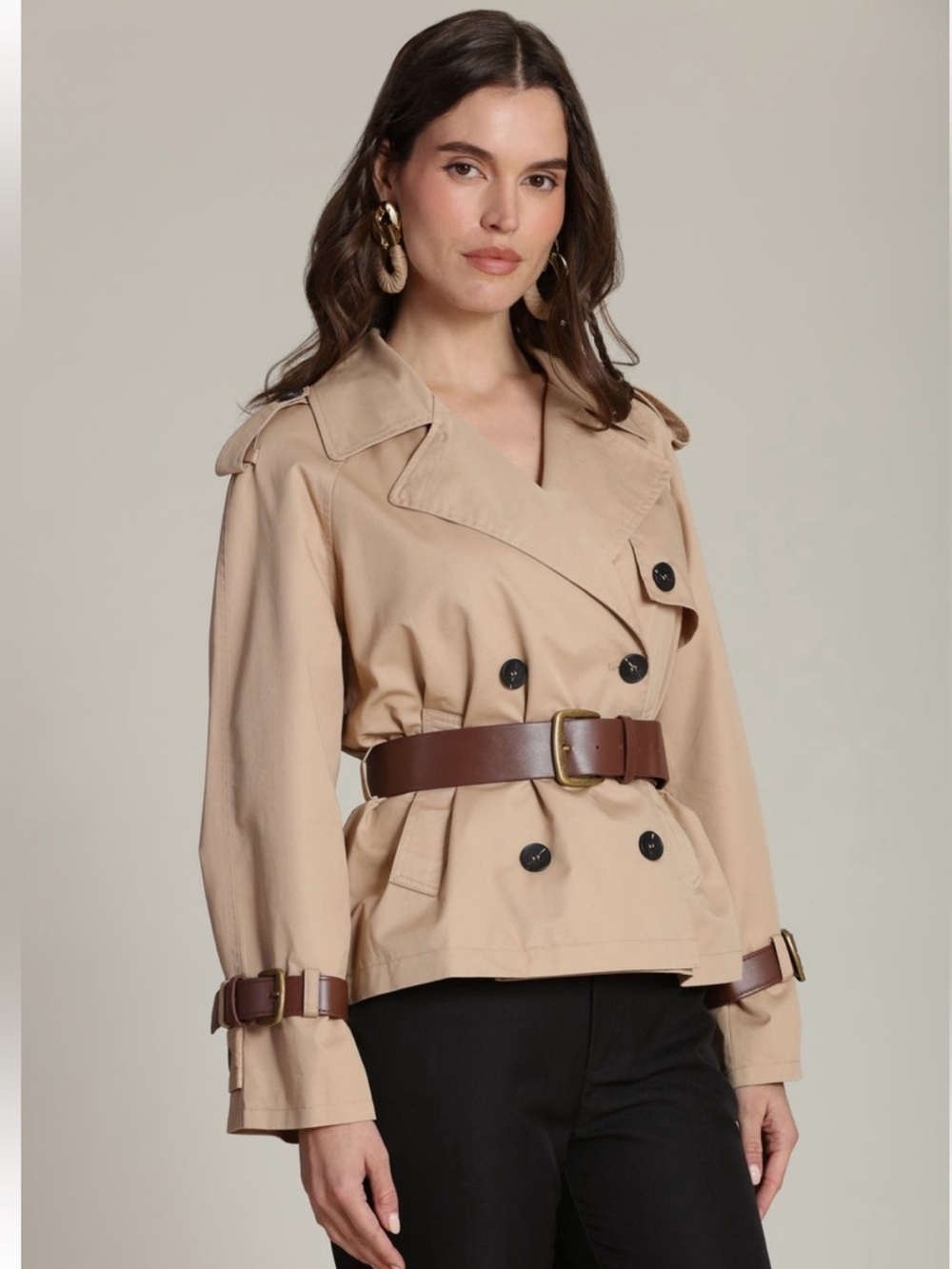 Avec Les Filles Womens Short Trench coat Jacket brown chunky gold buckle belt